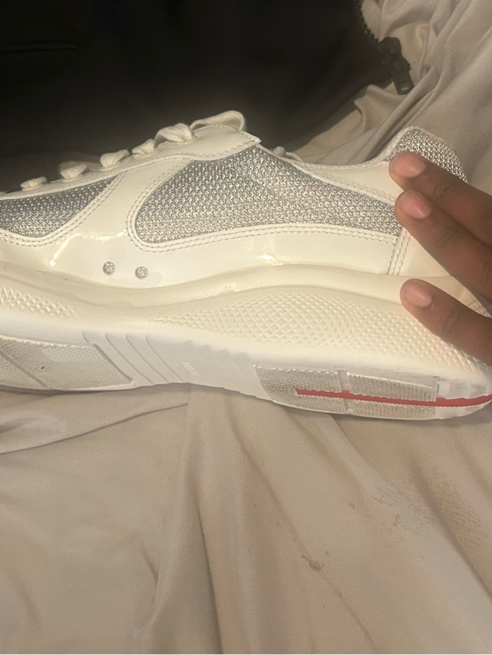 Prada White Slip-On Sneaker with Silver Mesh and Red Logo - Picture 3 of 14